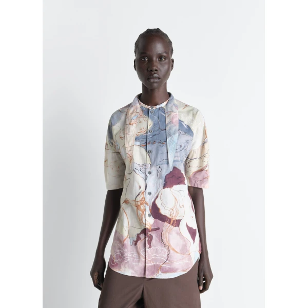 Lemaire Short Sleeve Shirt with Foulard in Aquarel Printed Cotton - Tops - Parisian Minimalist Luxury at Luxury Shoes 