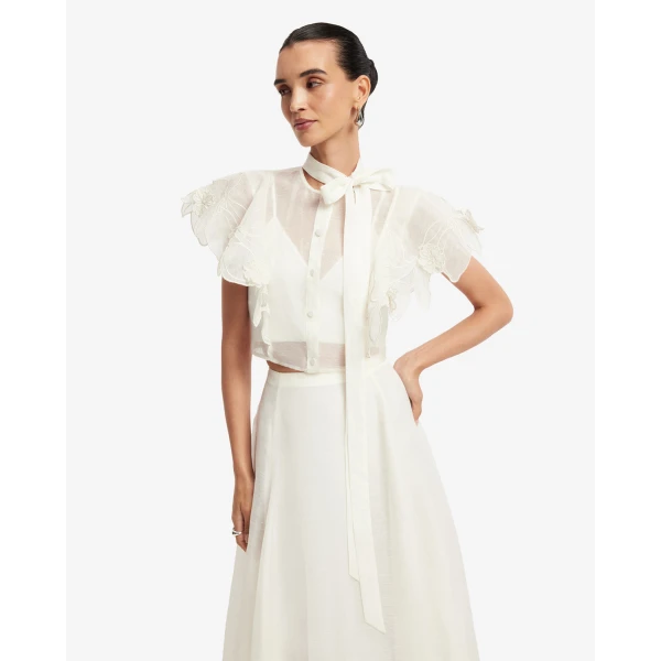Leo Lin Jasmine Appliqué Flutter Sleeve Top - Leo Lin Dress - Australian Luxury Fashion - Shop at Luxury Shoes 