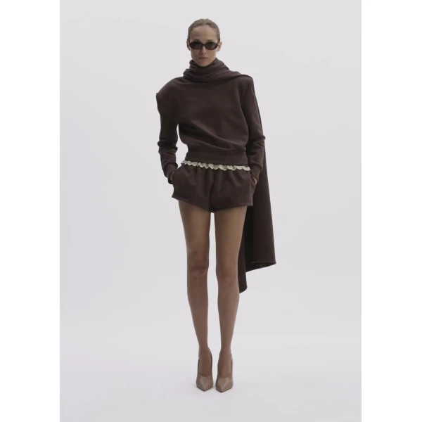 Magda Butrym Cotton Jersey Shorts With Crochet Lace Trim In Brown