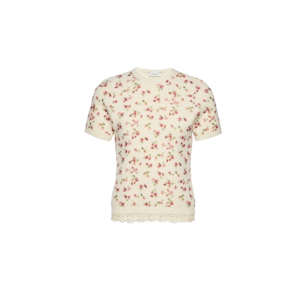 Magda Butrym Floral short-sleeve top with lace trim in cream