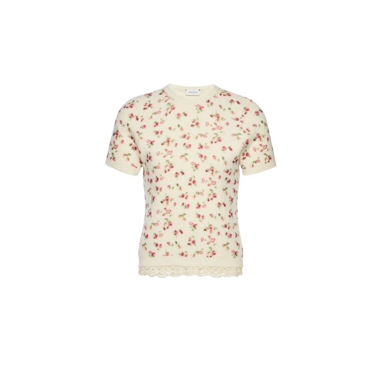 Magda Butrym Floral short-sleeve top with lace trim in cream