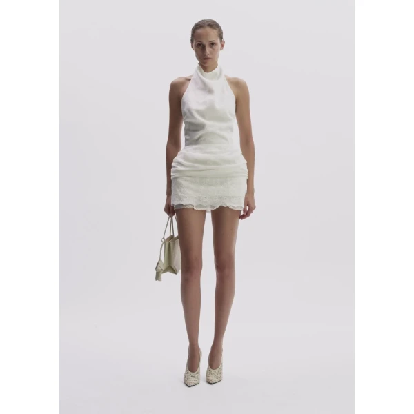 Magda Butrym Halterneck Mini Dress With Draped Embroidered Skirt In Cream