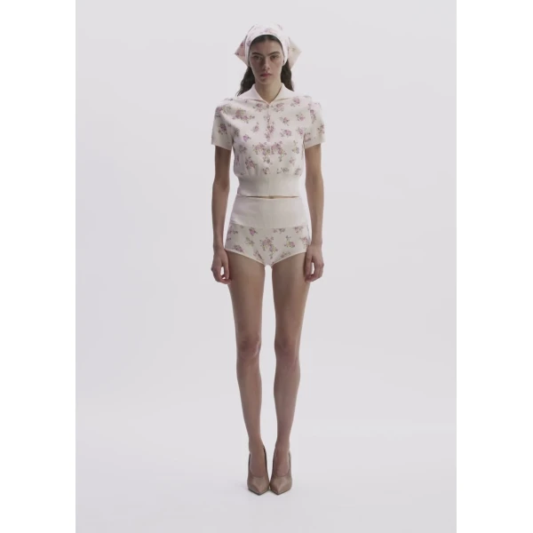 Magda Butrym High-Waisted Cotton Knit Shorts In Cream Floral Print