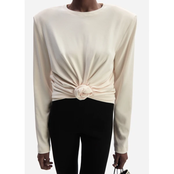 Magda Butrym Knotted longsleeve jersey blouse in cream, view 4
