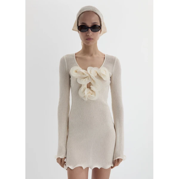 Magda Butrym Long sleeve crepe beach mini dress in cream, view 3