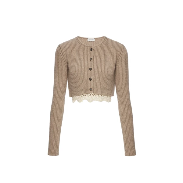 Magda Butrym Long-sleeve crochet-trim cropped cardigan in beige
