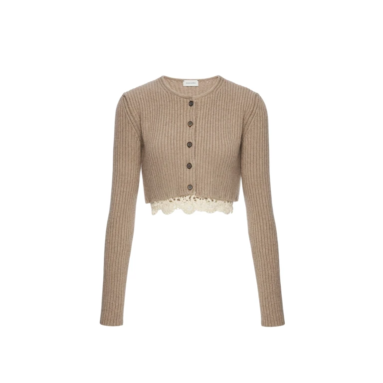 Magda Butrym Long-sleeve crochet-trim cropped cardigan in beige