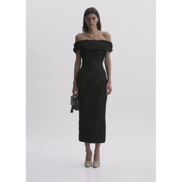 Magda Butrym Off-Shoulder Draped Midi Dress In Black