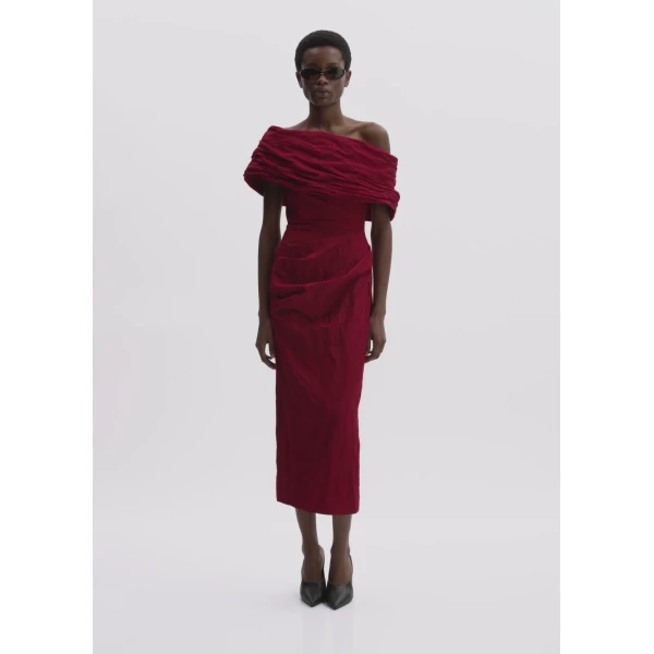 Magda Butrym Off-Shoulder Draped Midi Dress In Red