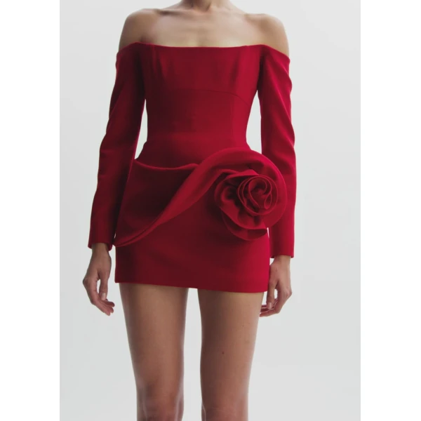 Magda Butrym Off Shoulder Mini Dress With Floral Hip Detail In Red