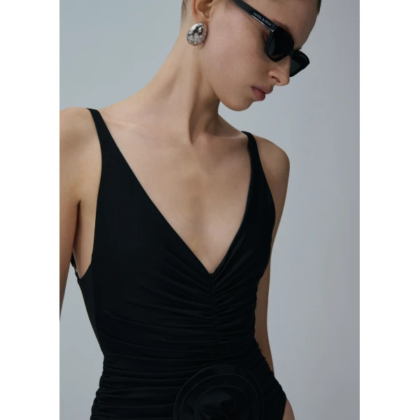 Magda Butrym Ruched flower swimsuit in black, view 4