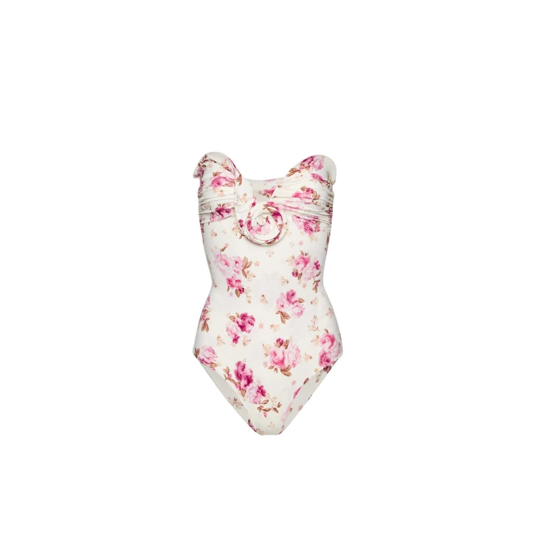 Magda Butrym Sculptural rose bustier swimsuit in cream floral print