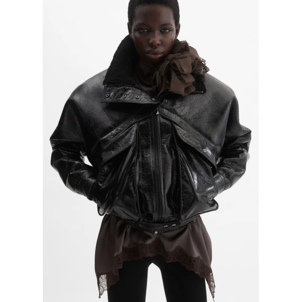 Magda Butrym Shearling bomber jacket in black patent leather, view 3