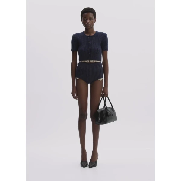 Magda Butrym Short-Sleeve Crochet-Trim Cropped Cardigan In Navy
