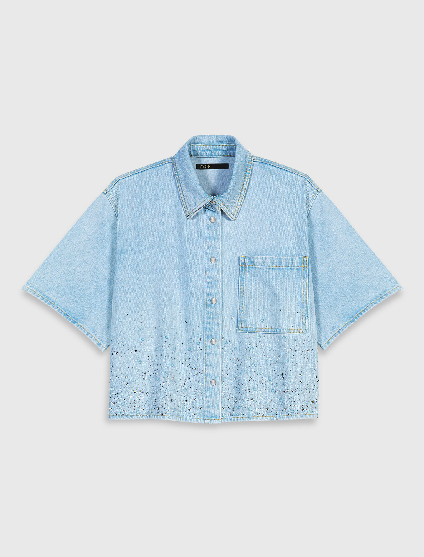 Maje Cropped Rhinestone Denim Shirt