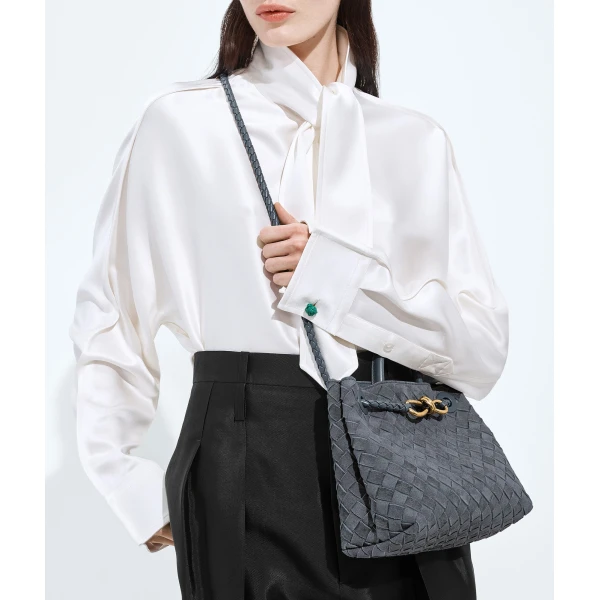 Khaite Women's Small Andiamo in Cloudy indigo/gravel - Multicolour Totes & Top-Handle Bags - The Lotus Tote Bag - Shop at Luxury Shoes 
