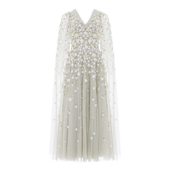 Needle & Thread Camellia Ditsy Cape Sleeve Ankle Gown - Clothing - British Luxury Evening Wear at Luxury Shoes 