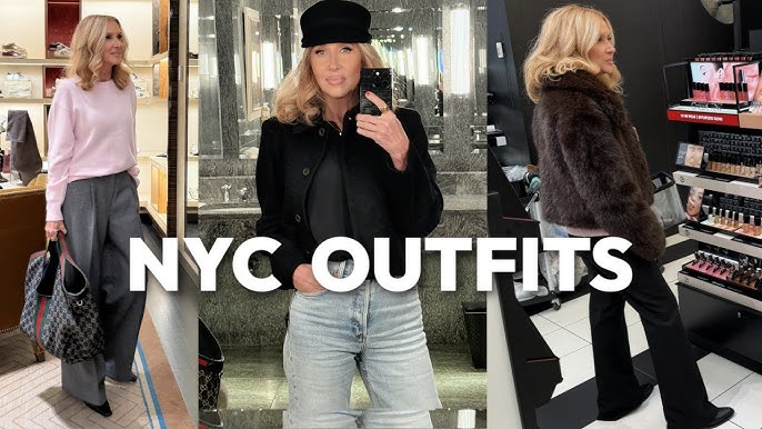 The New York wardrobe — black tailored coat, knitwear and leather boots on a downtown street, for Luxury Shoes 