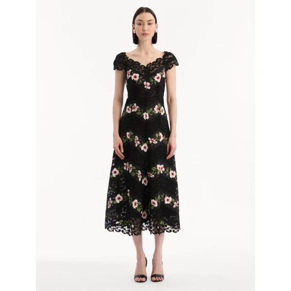 Oscar de la Renta Chiné Hibiscus Striped Faille Midi Dress - Dresses - American Luxury Evening Wear at Luxury Shoes 