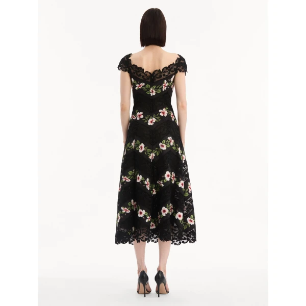 Oscar de la Renta Chiné Hibiscus Striped Faille Midi Dress - Dresses - American Luxury Evening Wear at Luxury Shoes 