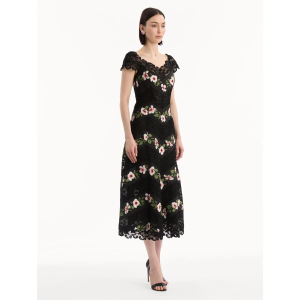 Oscar de la Renta Chiné Hibiscus Striped Faille Midi Dress - Dresses - American Luxury Evening Wear at Luxury Shoes 