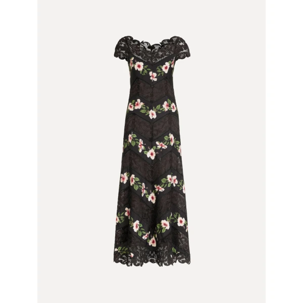 Oscar de la Renta Chiné Hibiscus Striped Faille Midi Dress - Dresses - American Luxury Evening Wear at Luxury Shoes 