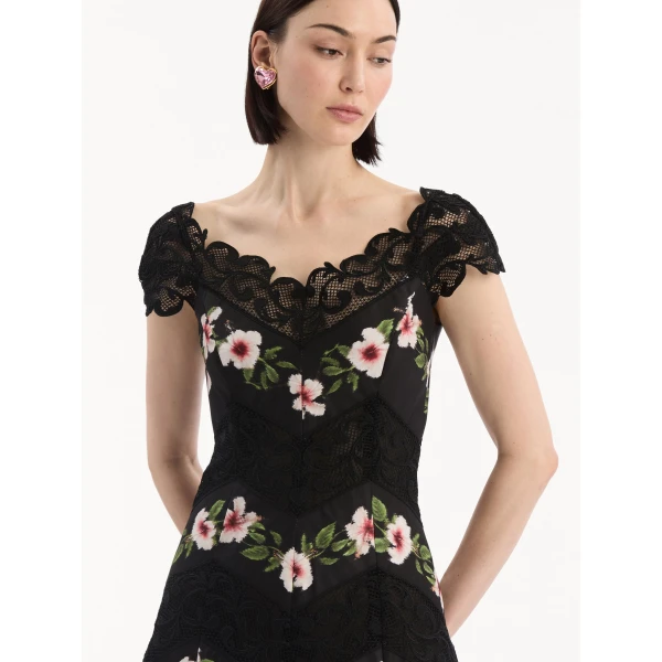 Oscar de la Renta Chiné Hibiscus Striped Faille Midi Dress - Dresses - American Luxury Evening Wear at Luxury Shoes 