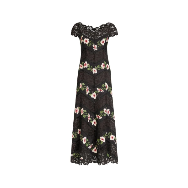 Oscar de la Renta Chiné Hibiscus Striped Faille Midi Dress - Dresses - American Luxury Evening Wear at Luxury Shoes 