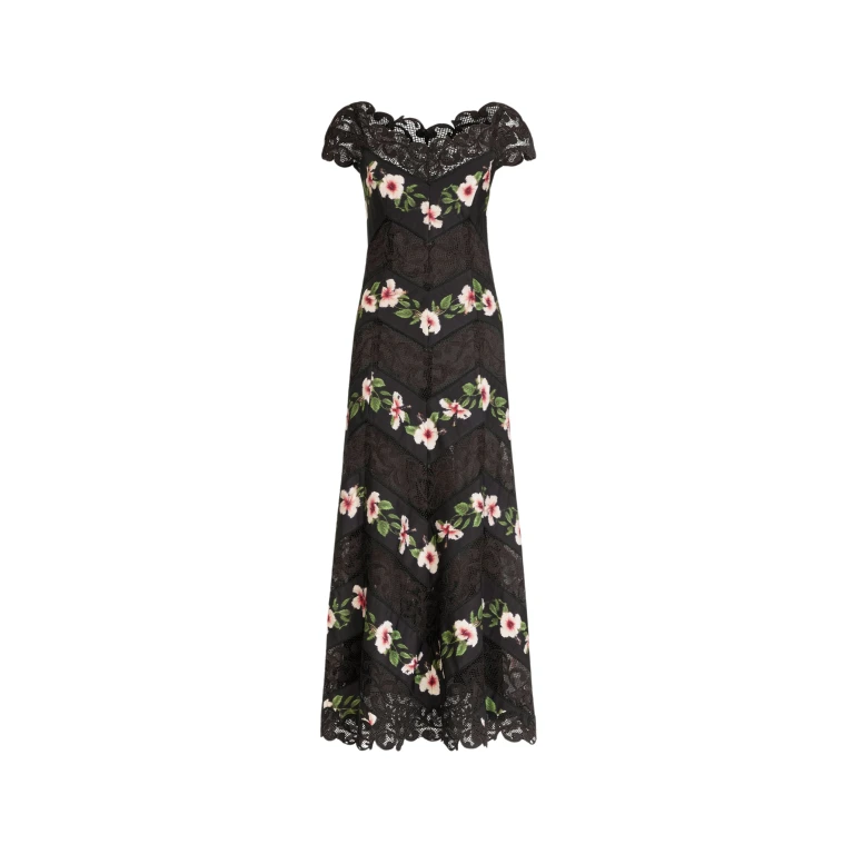 Oscar de la Renta Chiné Hibiscus Striped Faille Midi Dress - Dresses - American Luxury Evening Wear at Luxury Shoes 