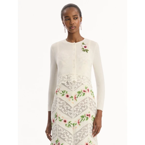 Oscar de la Renta Chiné Hibiscus Threadwork Cropped Cardigan - Knitwear - American Luxury Evening Wear at Luxury Shoes 