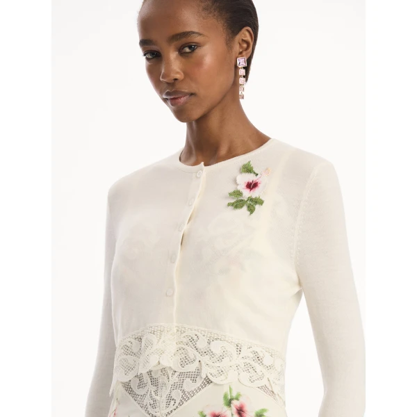 Oscar de la Renta Chiné Hibiscus Threadwork Cropped Cardigan - Knitwear - American Luxury Evening Wear at Luxury Shoes 
