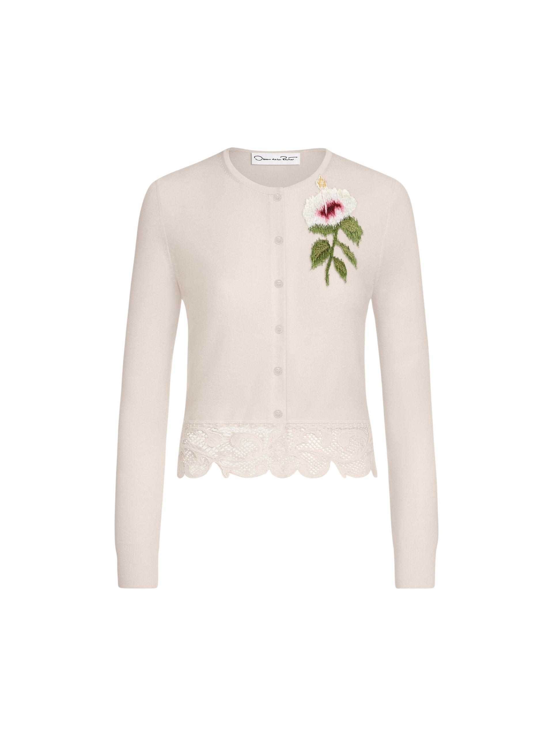 Oscar de la Renta Chiné Hibiscus Threadwork Cropped Cardigan