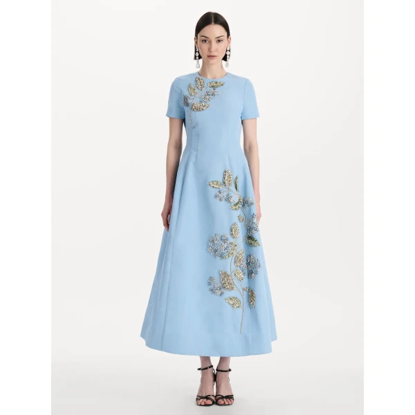 Oscar de la Renta Crystal Flower Embroidered Faille Dress - Dresses - American Luxury Evening Wear at Luxury Shoes 