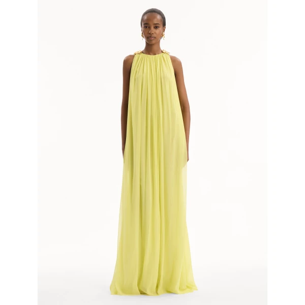 Oscar de la Renta Hibiscus Detail Silk Chiffon Caftan - kimono - American Luxury Evening Wear at Luxury Shoes 