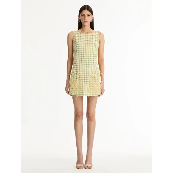 Oscar de la Renta Point d’Esprit Feather Embroidered Checked Tweed Dress - Dresses - American Luxury Evening Wear at Luxury Shoes 