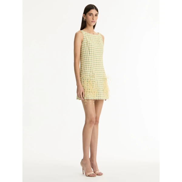 Oscar de la Renta Point d’Esprit Feather Embroidered Checked Tweed Dress - Dresses - American Luxury Evening Wear at Luxury Shoes 