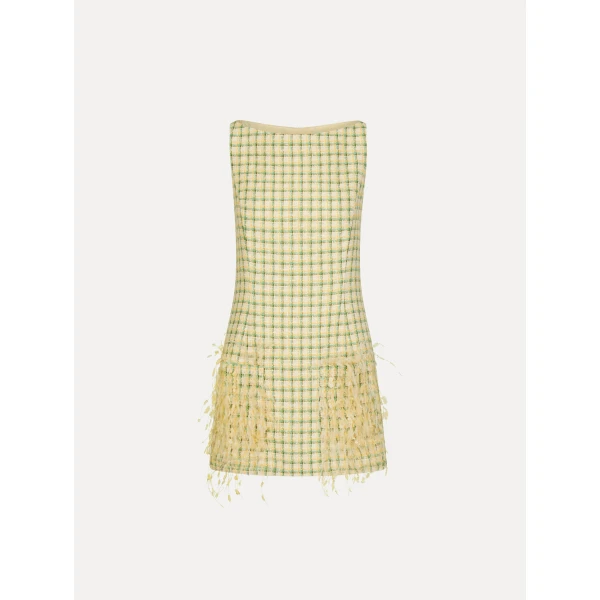 Oscar de la Renta Point d’Esprit Feather Embroidered Checked Tweed Dress - Dresses - American Luxury Evening Wear at Luxury Shoes 