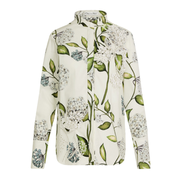 Oscar de la Renta Porcelain Flower Cotton Poplin Blouse
