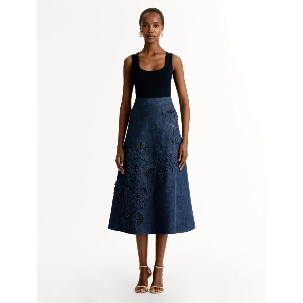 Oscar de la Renta Porcelain Flower Cutout Denim Skirt - Skirts - American Luxury Evening Wear at Luxury Shoes 