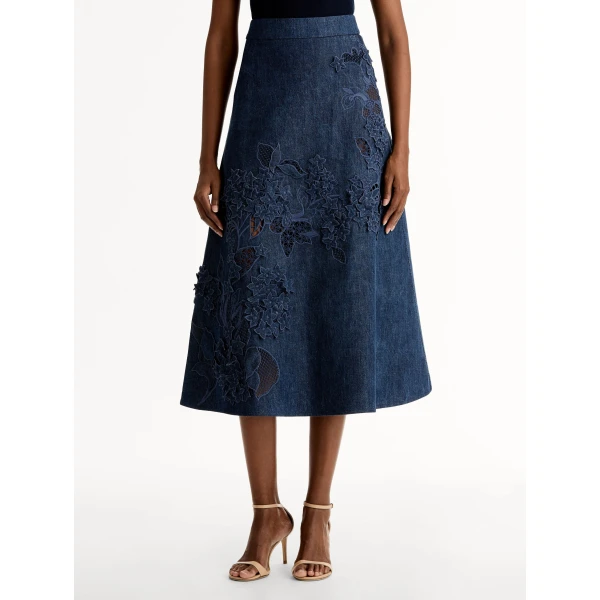 Oscar de la Renta Porcelain Flower Cutout Denim Skirt - Skirts - American Luxury Evening Wear at Luxury Shoes 