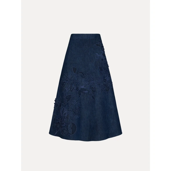 Oscar de la Renta Porcelain Flower Cutout Denim Skirt - Skirts - American Luxury Evening Wear at Luxury Shoes 
