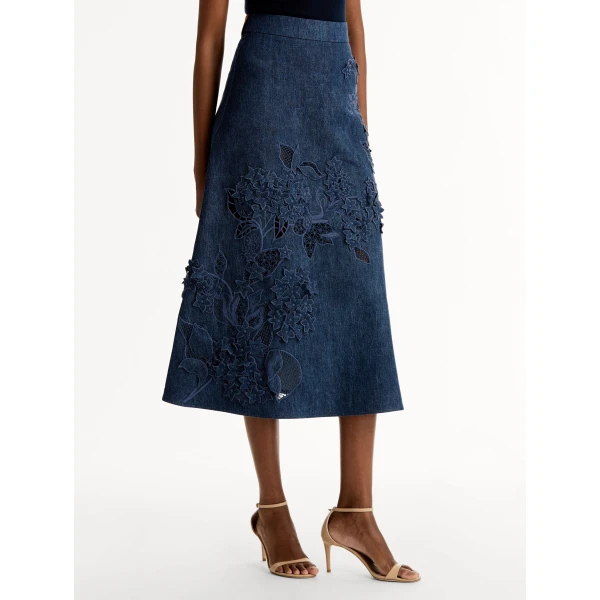 Oscar de la Renta Porcelain Flower Cutout Denim Skirt - Skirts - American Luxury Evening Wear at Luxury Shoes 