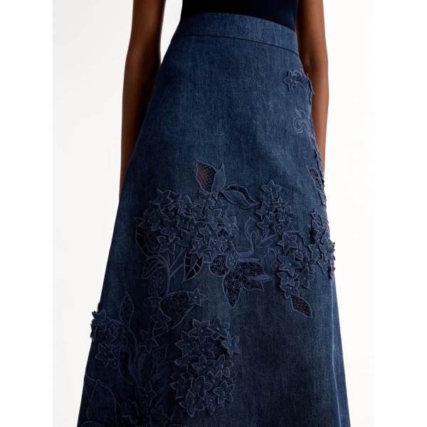 Oscar de la Renta Porcelain Flower Cutout Denim Skirt - Skirts - American Luxury Evening Wear at Luxury Shoes 