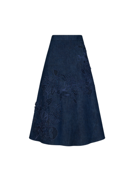 Oscar de la Renta Porcelain Flower Cutout Denim Skirt - Skirts - American Luxury Evening Wear at Luxury Shoes 