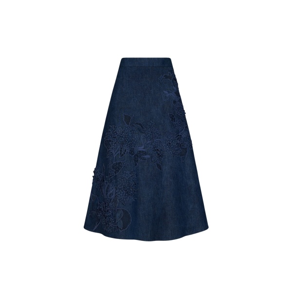 Oscar de la Renta Porcelain Flower Cutout Denim Skirt - Skirts - American Luxury Evening Wear at Luxury Shoes 