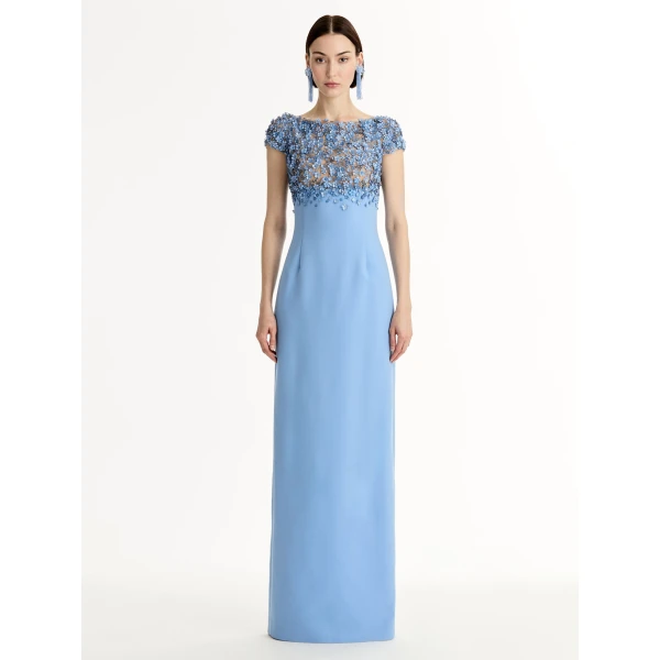 Oscar de la Renta Porcelain Flower Embroidered Cap Sleeve Gown - Dresses - American Luxury Evening Wear at Luxury Shoes 