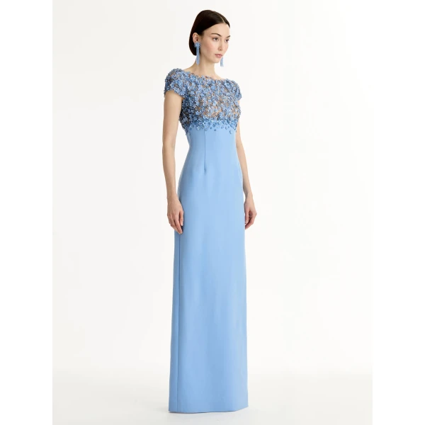 Oscar de la Renta Porcelain Flower Embroidered Cap Sleeve Gown - Dresses - American Luxury Evening Wear at Luxury Shoes 