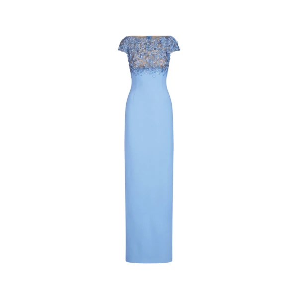 Oscar de la Renta Porcelain Flower Embroidered Cap Sleeve Gown - Dresses - American Luxury Evening Wear at Luxury Shoes 