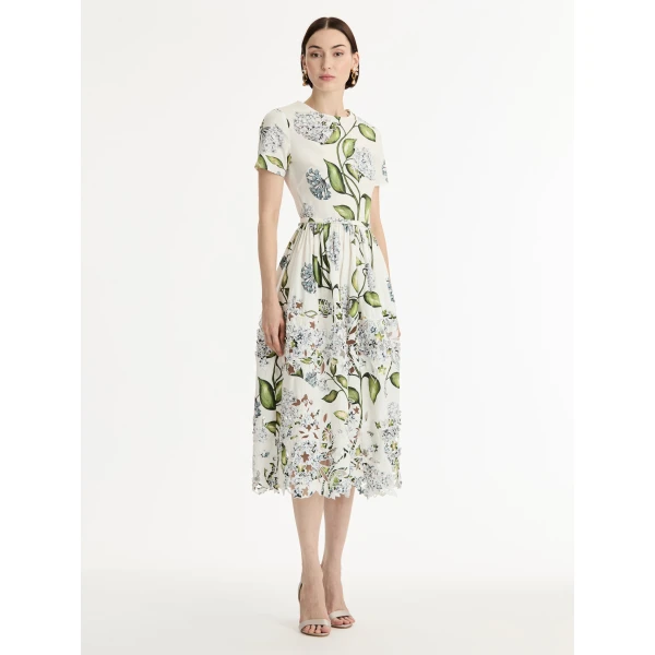 Oscar de la Renta Porcelain Flower Embroidered Cotton Poplin Dress - Dresses - American Luxury Evening Wear at Luxury Shoes 