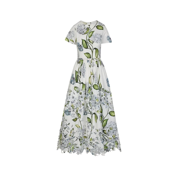 Oscar de la Renta Porcelain Flower Embroidered Cotton Poplin Dress - Dresses - American Luxury Evening Wear at Luxury Shoes 